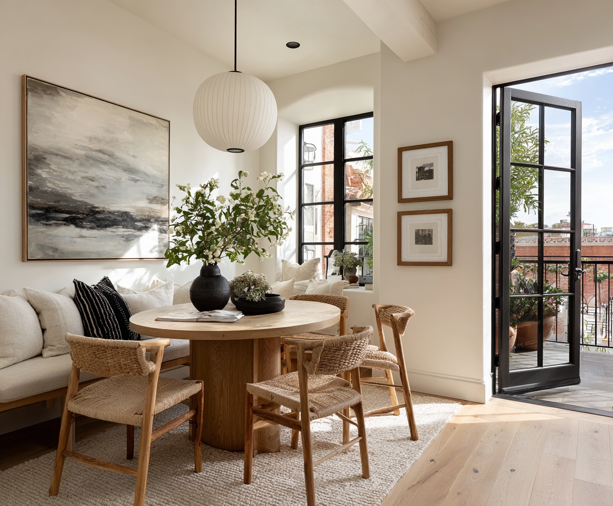 Altbauwohnung, hell, weiße Wände, runder Esstisch, Pendelleuchte über Esstisch, Studio McGee Style, modern, Tür zu Balkon --ar 6:5 --stylize 300 --v 7 Job ID: 74e0f41c-aedd-4d5d-9501-879278832720