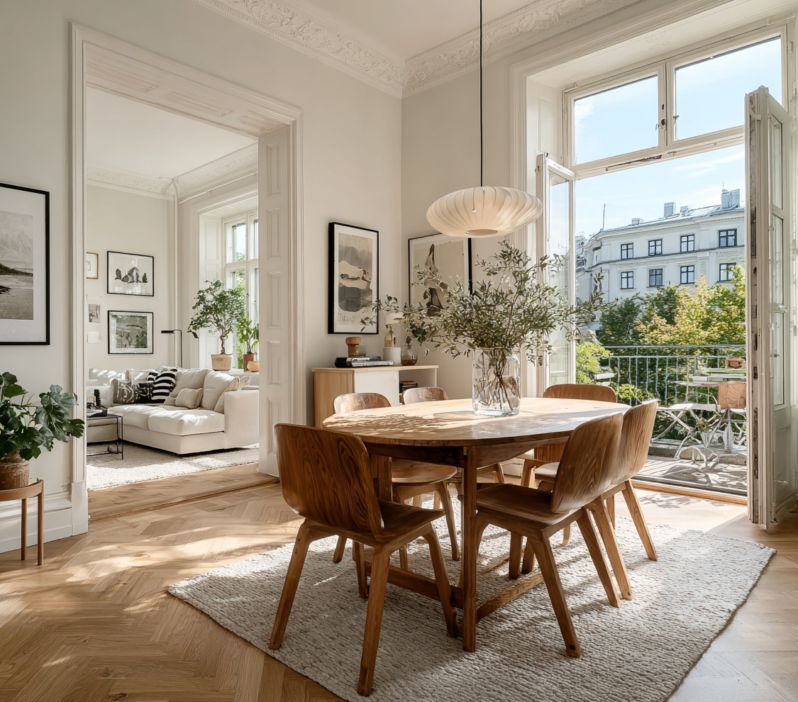 Altbauwohnung, hell, weiße Wände, runder Esstisch, Pendelleuchte über Esstisch, Studio McGee Style, modern, Tür zu Balkon --ar 6:5 --stylize 300 --v 7 Job ID: 74e0f41c-aedd-4d5d-9501-879278832720